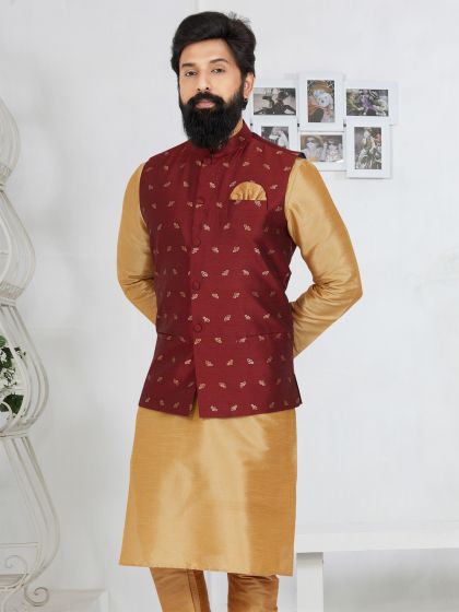 Maroon Mens Bandhgala Waistcoat In Woven Design