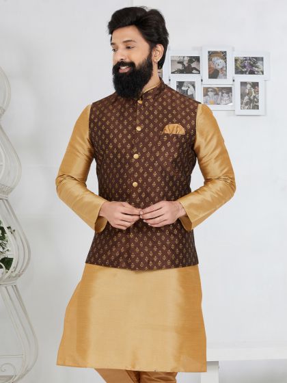 Brown Traditional Woven Pattern Mens Nehru Jacket