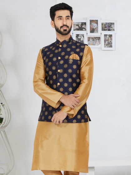 Navy Blue Bandhgala Waistcoat In Jacquard Silk