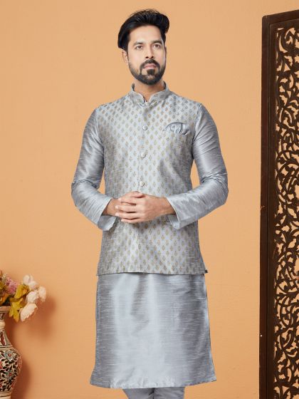 Silver Grey Mens Waistcoat Jacket In Jacquard Silk