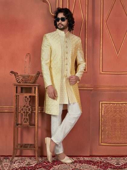 Corn Yellow Menswear Indowestern Sherwani In Silk Weaving