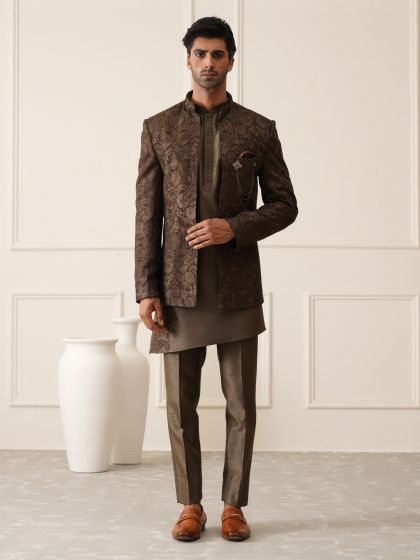 Choclate Brown Short Length Mens Indowestern In Resham Embroidery