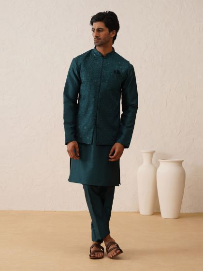 Teal Green Swarovski Embroidered Kurta Pyjama With Nehru Jacket