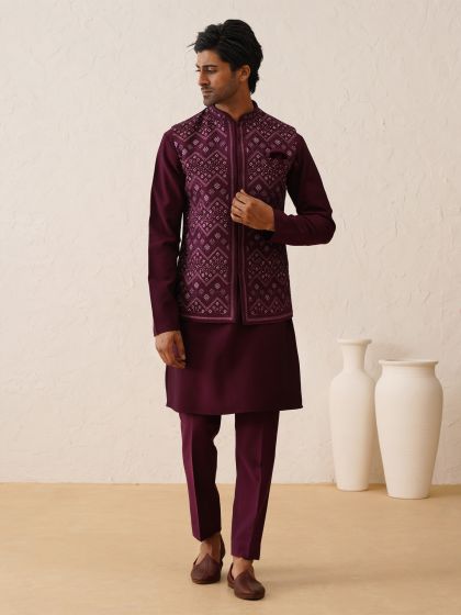 Wine Thread Embroidered Mens Waistcoat Kurta Set In Silk