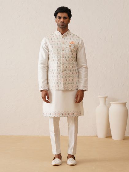 Pearl White Thread Embroidered Nehru Jacket With Kurta Pyjama