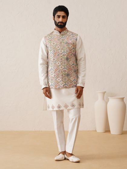 Pearl White Mens Kurta Pyjama Set With Traditional Printed Jacket