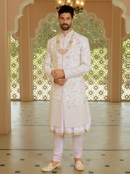 White Floral Motiff Embellished Mens Sherwani With Anarkali Kurta