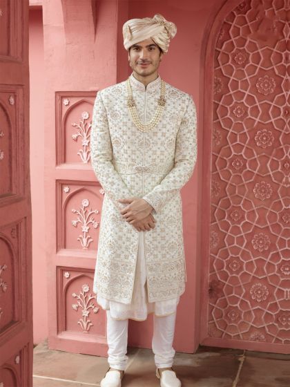 White Heavy Zari Floral Embroidered Mens Anarkali Style Sherwani Set