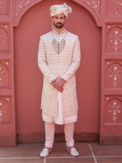 Off White Anarkali Style Sherwani Set For Mens In Heavy Embroidery