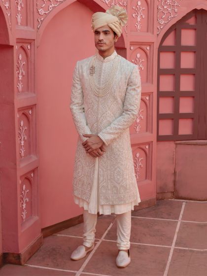 Creamy White Heavy Embroidered Menswear Embroidered Sherwani Set