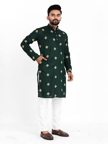 Dark Green Mens Kurta Pyjama Set In Cotton