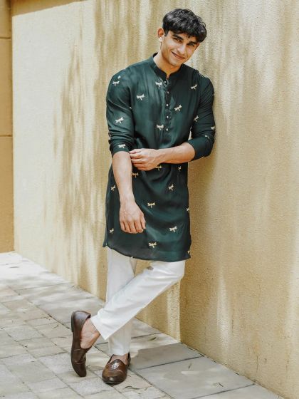 Dark Green Readymade Mens Kurta Pyjama Set In Cotton