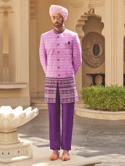 Purple Traditional Designed Men Indwestern Set In Silk