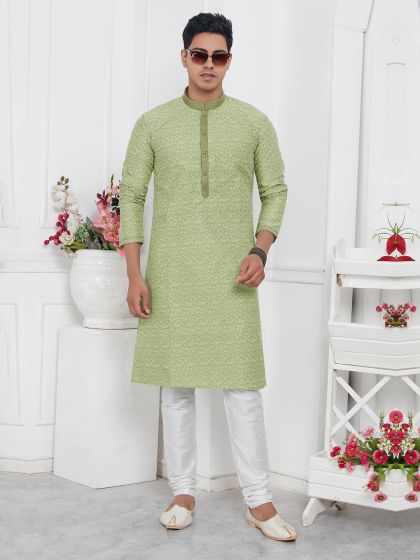 Olive Green Readymade Mens Kurta Pyjama Set In Jacquard