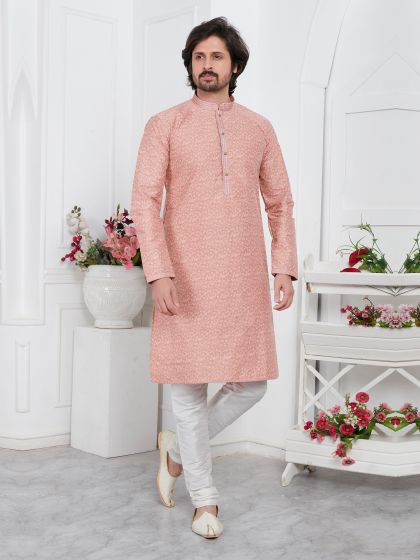 Rose Pink Mens Kurta Pyjama Set In Jacquard Silk