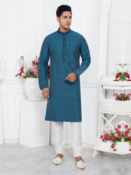 Blue Self Patterned Kurta Pyjama Set For Mens 