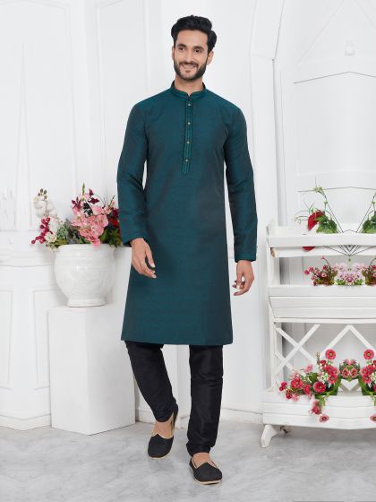 Teal Blue Mens Kurta Pyjama Set In Jacquard Silk