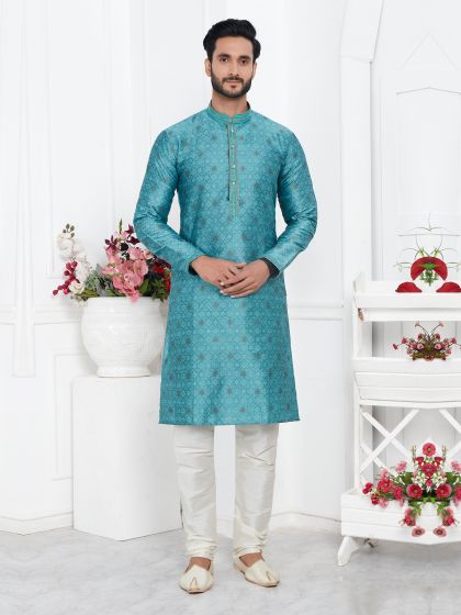 Light Blue Self Patterned Mens Kurta Pyjama Set