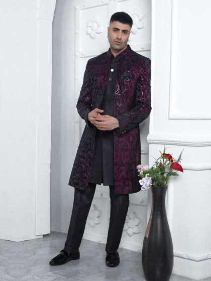 Wine Embroidered Jacketed Indowestern For Mens