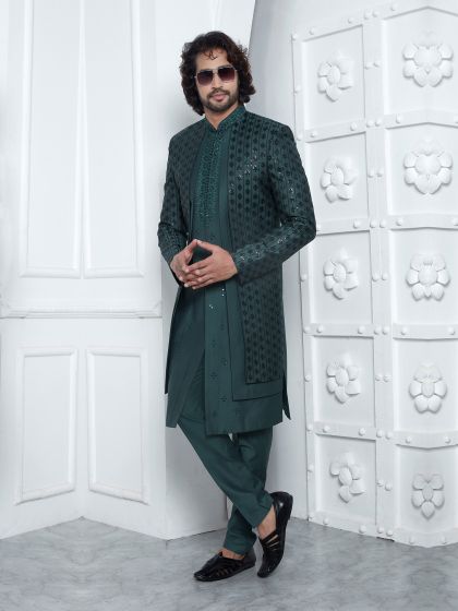 Dark Green Three Layered Mens Embroidered Indowestern