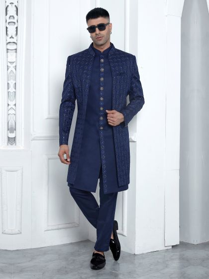 Deep Blue Jacketed Mens Indowestern Set In Silk