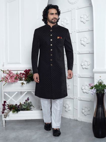 Black Mens Emroidered Velvet Indowestern Set