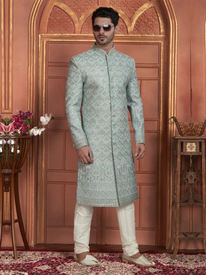 Sage Green Mens Achkan Style Indowestern Set