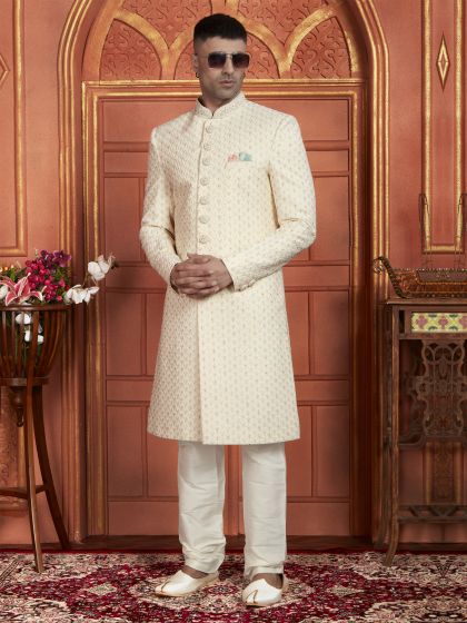 Cream Achkan Style Mens Embroidered Indowestern