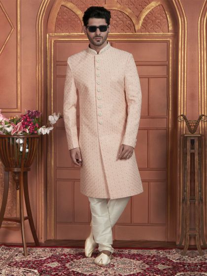 Baby Pink Self Embroidered Indowestern Set For Mens