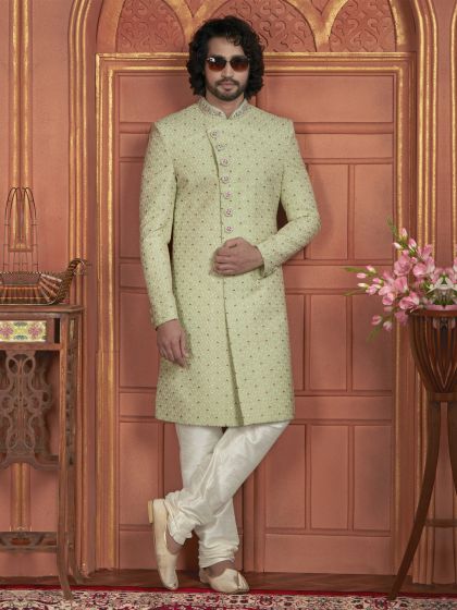 Olive Green Stone Enhanced Mens Indowestern Set