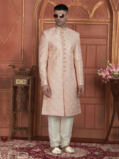 Rose Pink Silk Embroidered Mens Indowestern Set