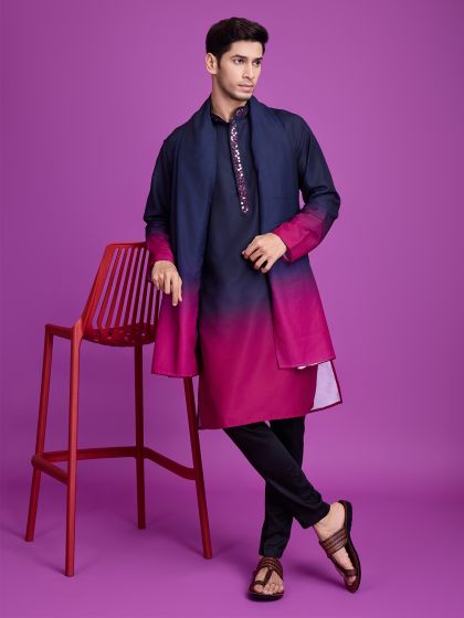 Blue Shaded Mirror Enhanced Kurta Pyjama Set In Rayon