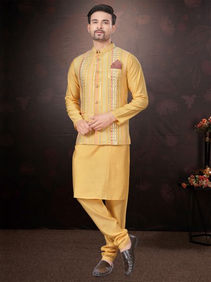 Yellow Kurta Pyjama In Silk With Sequin Work Jacket