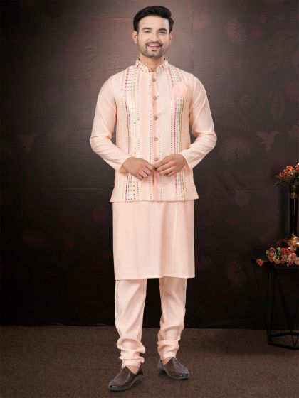 Baby Pink Kurta Pyjama Set In Silk With Jacket