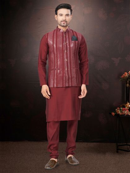 Red Sequins Embroidered Kurta Pyjama Set With Jacket