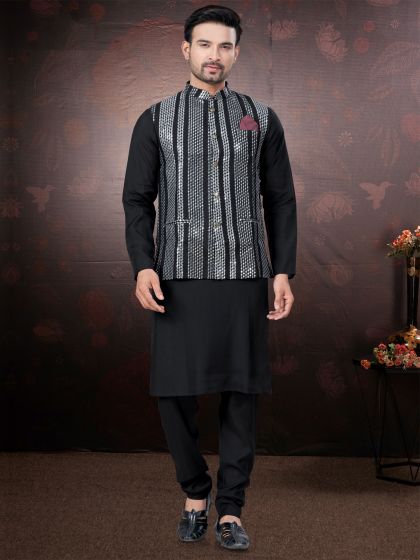 Black Sequins Embroidered Nehru Jacketed Kurta Pyjama Set