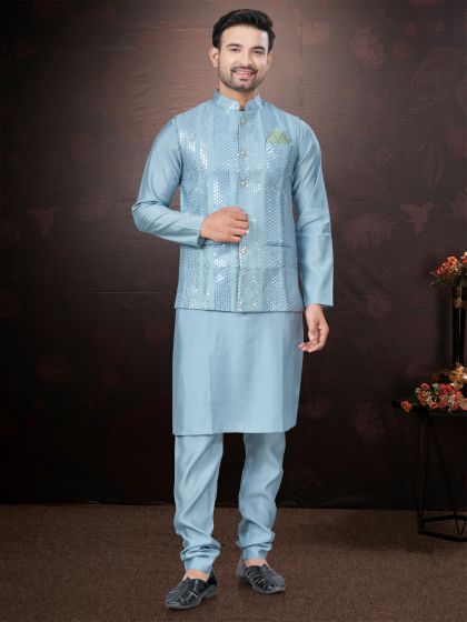 Light Blue Festive Wear Kurta Pyjama Set In Silk