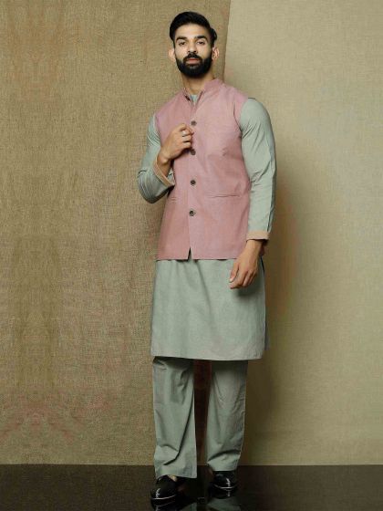 Grey Pathani Kurta Set In Cotton With Mauve Jacket