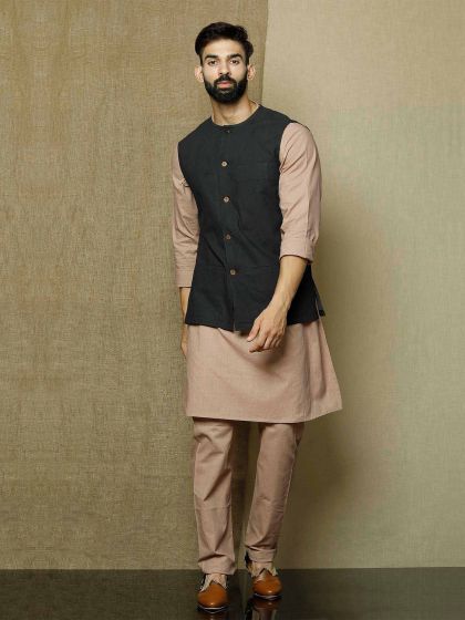 Mauve Mens Kurta Set With Jacket In Cotton