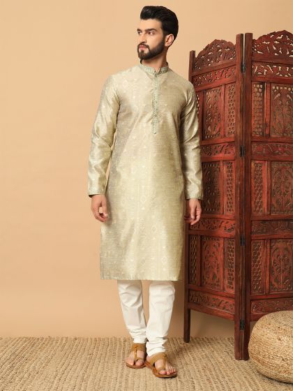 Cream Readymade Kurta Pyjama In Cotton