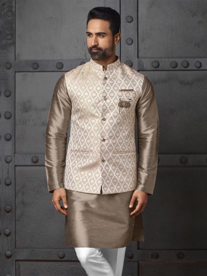 Metallic Brown Silk Kurta Pyjama Set With Nehru Jacket