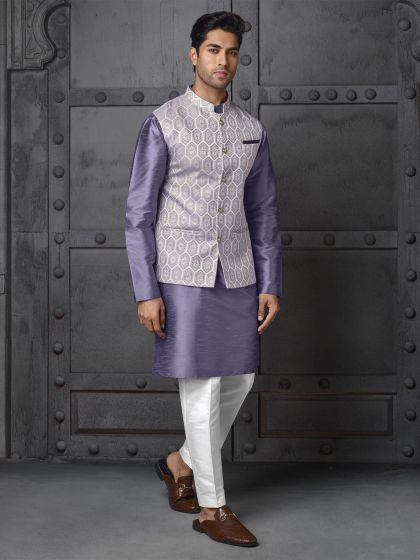 Lavendar Purple Mens Kurta Pyjama With Jacket