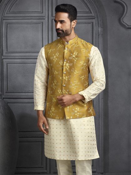 Cream Mens Silk Kurta Set With Nehru Jacket