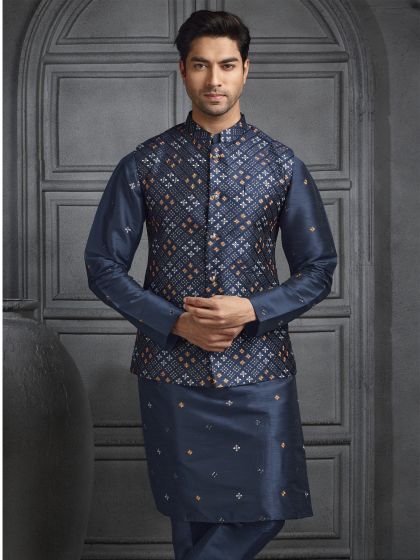 Navy Blue Mens Kurta Set In Silk With Embroidered Jacket