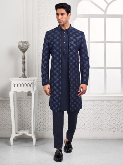 Navy Blue Stone Embroidered Mens Indowestern Set