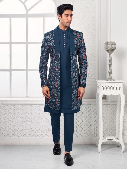 Navy Blue Mens Indowetsern In Floral Thread Work