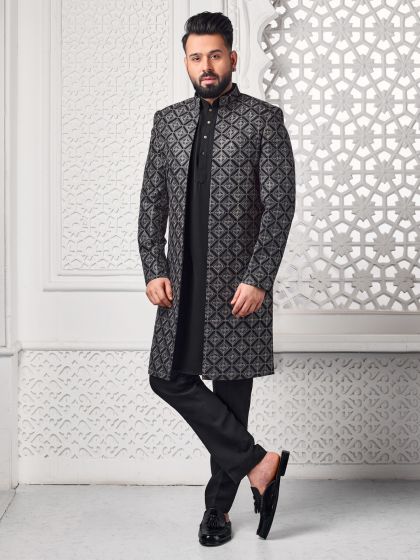 Black Wedding Wear Embroidered Jacketed Indowestern