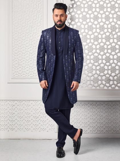 Navy Blue Wedding Mens Indowestern In Thread Weaving