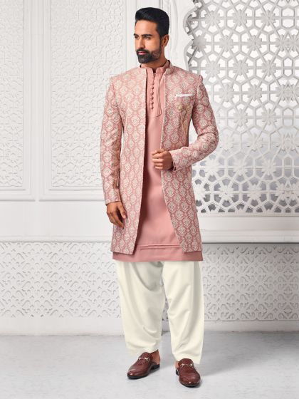 Baby Pink Mens Indowestern Set In Thread Embroidery