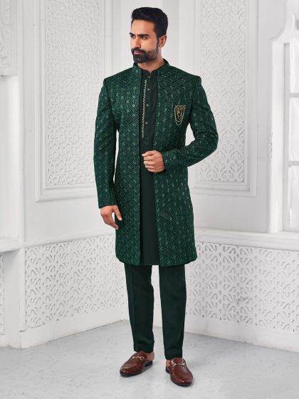 Dark Green Indowestern Set For Mens With Open Jacket